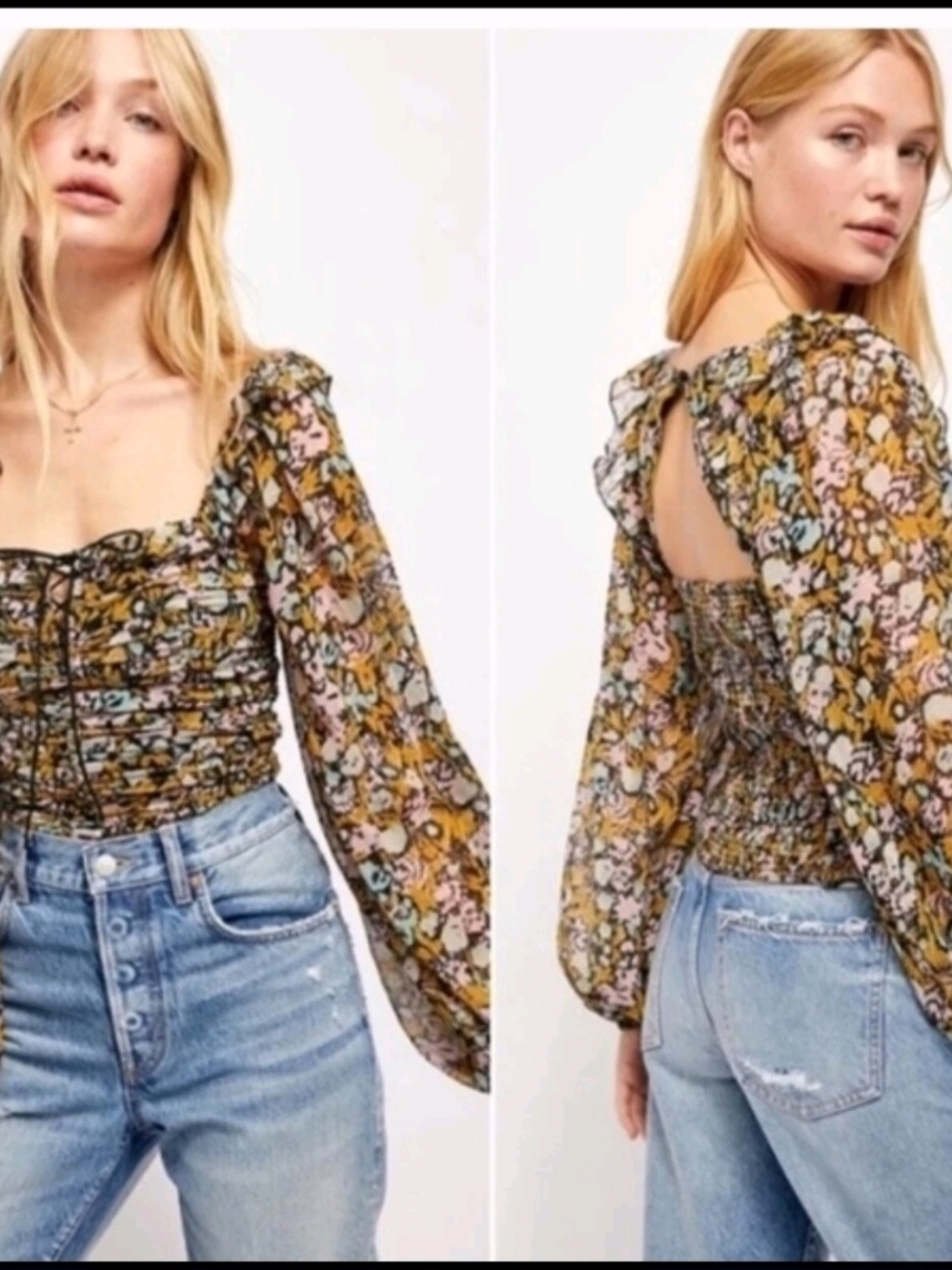 Free People Mustard Floral Bohemian Smocked Square-Neck Blouse Sz.XL